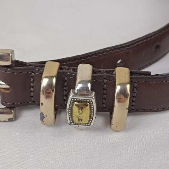 Brighton Brown Leather Belt Size Small 28 Silver and Gold Hardware Studded - Picture 3 of 10